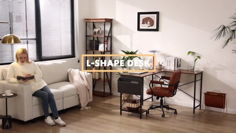 CONCETTA L Shaped Computer Desk with Wooden Desktop CPU Stand Side Bag Reversible, Black