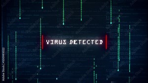 Virus detected warning alert over binary computer code, computer infected with a virus glitch and noise background effect Stock Video
