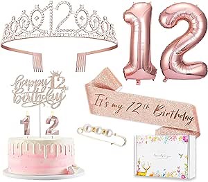 12th Birthday Decorations for Girls, Including 12 year old Cake Topper, Birthday Queen Sash with Pearl Pin, Sweet Rhinestone Tiara Crown, Number Candles and Balloons Set, Rose Gold