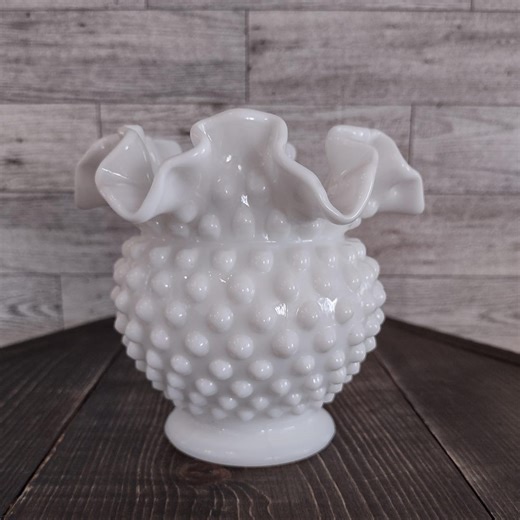 Vintage Mid Century Fenton Hobnail Milk Glass Vase With Rippled Rim/vintage Collectible Fenton Milk Glass Vase/vintage Home Décor - Etsy
