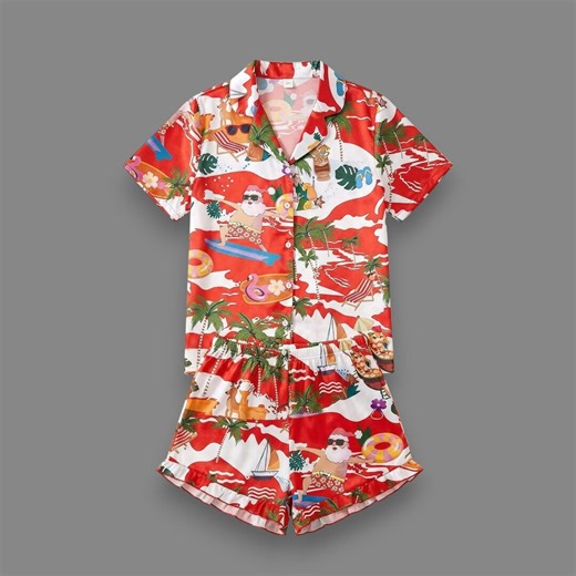 Hawaiian Christmas Pajama Set – Santa Surfboard Print Satin Sleepwear - Etsy UK