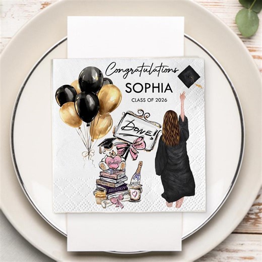 Personalized Graduation Napkins, Class of 2026 Cocktail Napkins, Custom Grad Party Decor With Balloons & Girl Graduate - Etsy