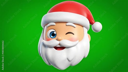 3D animation Santa Claus face with a white beard and red hat gives a friendly wink and a wide smile against a green screen background.