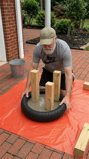 DIY Concrete Garden Table From an OLD TIRE + Leaf Imprint 🍃️ (Cement Table Ideas) #shorts #diy