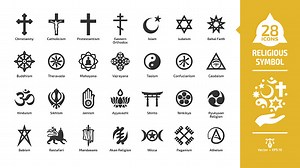 Religious symbol glyph icon set with christian cross, islam crescent...