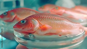 Lab grown fish. The future of food with cultured fish in high tech laboratory. Innovative food technology. Sustainable meat production