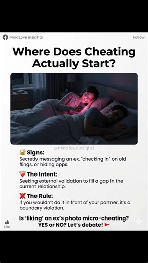 Is it "just a like" or a digital red flag? 📱 Micro-cheating consists of small actions that suggest a person is emotionally or physically available outside their relationship. If you have to hide the conversation, you’ve already crossed the line. #MicroCheating #Infidelity #DigitalBoundaries #Trust #MindLoveInsights #ModernDating #RelationshipRules #SocialMediaPsychology | MindLove insights