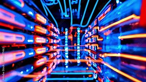 A close-up view of a server rack in a data center. The rack is filled with servers, with red and blue lights illuminating the hardware. Stock Video
