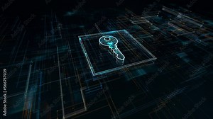 Motion graphic of Dark blue particle Key logo network security concept and authentication firewall system to access information with grid line digital futuristic technology abstract background