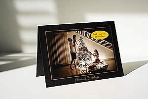 Photographer's Edge, Photo Insert Card, Season's Greetings, Holiday Cards, Pack of 10 Cards and Envelopes for 4x6 Photos - Premium Black Linen Cardstock with Gold ink