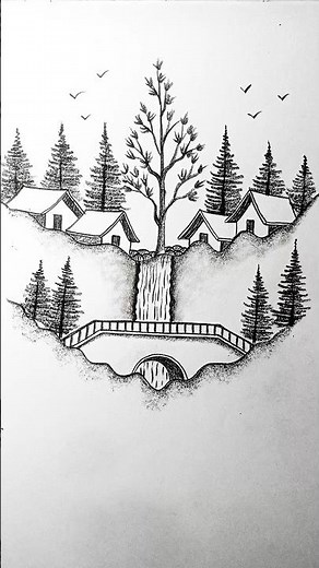 Moonlight Waterfall Mountain Scenery Drawing 🌙🏔️ | Easy Pencil Drawing Tutorial for Beginners