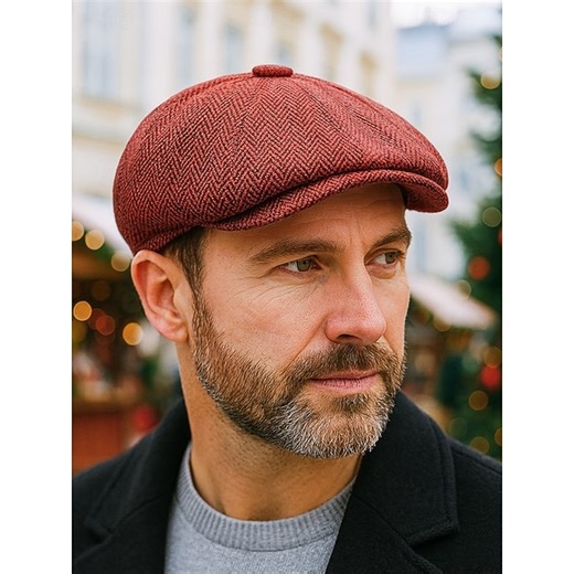 Men's Christmas Herringbone Newsboy Cap, Vintage Wool Blend Flat Cap with Classic 8-Panel Design, Multi-Color Gatsby Style Hat for Winter, Holiday and Casual Wear 2025