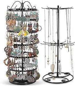 6 Tier Earring Tree Organizer & Necklace Display Stand - Set of 2 Adjustable Rotating Jewelry Holders - Holds 132 Pairs of Earrings, Ideal for Long Earrings & Necklaces - Elegant Black Metal