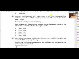 Marginal and Absorption Costing Kaplan Kit questions 147 to 154