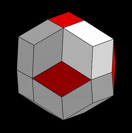Transformation from a cube to a rhombic triacontahedron by dividing the square faces into four squares and splitting middle edges into new rhombic faces. Resource: https://www.geogebra.org/m/fjwfzmx3 #MTBoS #iteachmath #math #maths | Magic PI - math animations