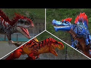 T REX VS INDOMINUS REX VS SPINOSAURUS - BATTLE || JURASSIC WORLD THE GAME
