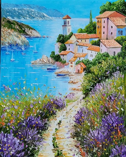 Original Mediterranean Seascape Oil Painting 16x20", Lavender Coast Impasto Art, Palette Knife Gallery Wrap - Etsy