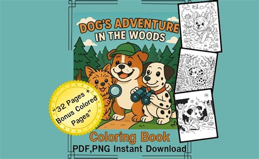 Dog Coloring Book: Dog’s Adventure in the Woods, Kids Activity, Forest Adventure (PDF/PNG Download) - Etsy