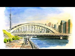 東京・隅田川と永代橋 【透明水彩風景画】 ／ Tokyo 【Watercolor】