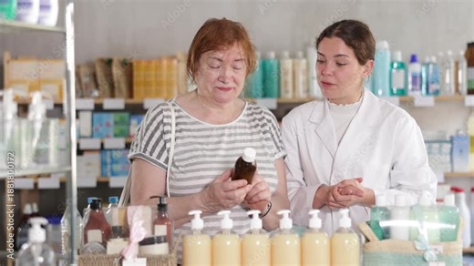 Mature woman stands in a pharmacy and buys cough syrup on the recommendation of a qualified pharmacist. Woman came to the pharmacy for medicine and syrup for a cold. High quality 4k footage