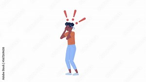 Animated girl holding head in hands. Scared female teenager. Full body flat person on white background with alpha channel transparency. Color cartoon style 4K video footage of character for animation