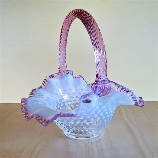 Fenton Hobnail Glass Basket, NEW WITH TAG French Opalescent Dusty Rose Ruffled Vintage Vtg Signed Large 9 1/4" Tall - Etsy