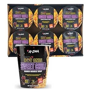 A-Sha x Hot Ones Spicy Ramen Noodle Soup Cup Sweet Chili Mild Heat, 6 Pack | Sweet & Spicy Instant Ramen Noodles, Bonus Heat Pack Included for Extra Spice, Microwaveable, Quick Meal Ready In 3 Minutes