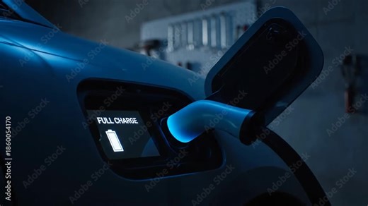 Charging electric car in garage with full charge indicator, clean energy.