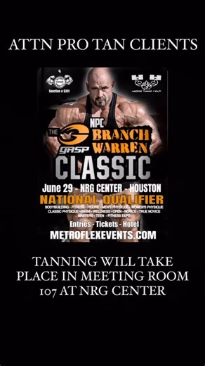🚨ATTENTION PRO TAN CLIENTS🚨 Tanning for the NPC Branch Warren Classic will take place in Meeting Room 107 at the NRG Center!🏆 For all of your Competition Tanning needs, Go with the Pros @protan_official! Schedule your next Competition Tan or buy your DIY Tanning Products at PROTANUSA.com (link in bio)! Don’t Step On Stage Without It!💪🏻💪🏼💪🏽💪🏾💪🏿 | Pro Tan