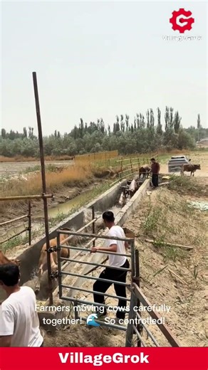 Cattle Drive: Farmers Herd Cows Through Water-Filled Trench