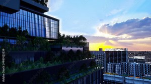 Sustainable Green Building. Eco-Friendly Building. Sustainable Glass Office Building With Tree For Reducing Carbon Dioxide. Office With Green Environment. Corporate Building Reduce Co2. Safety Glass