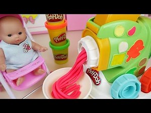 Baby doll and Play doh spaghetti noodle cooking toys play