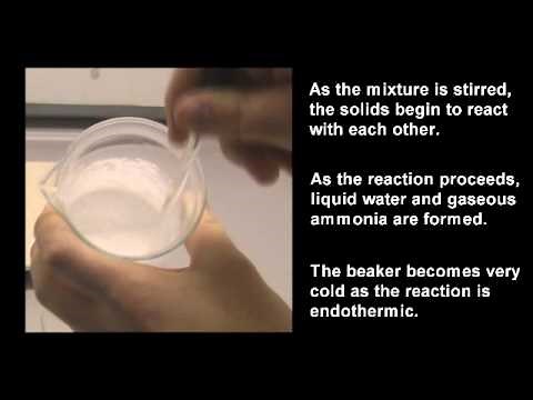 An endothermic reaction between two solids: ammonium chloride + barium hydroxide