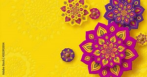 Rotating Indian Rangoli for Diwali festival of lights. Bright purple color on yellow background. 4K video animation.