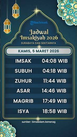 Jadwal Imsakiyah Kota Surabaya Kamis 5 Maret 2026, Lengkap dengan Jadwal Sholat