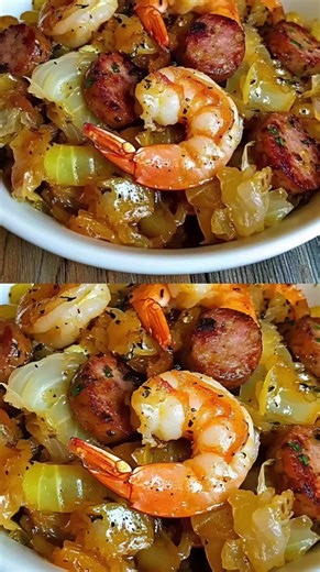 Shrimp & Sausage Cabbage Bowl 🍤🌭🥬 Ingredients 1 lb shrimp, peeled & deveined 1 lb smoked sausage, sliced 1 small head cabbage, chopped 1 red bell pepper, diced 1 onion, diced 2 cloves garlic, minced 1 cup chicken broth 1 tbsp olive oil or butter 1 tsp smoked paprika ½ tsp red pepper flakes (optional) Salt & black pepper to taste Easy Instructions 1️⃣ Brown the sausage: Heat oil or butter in a large skillet. Add sausage and cook until nicely browned. Remove and set aside 🌭 2️⃣ Cook the veggie