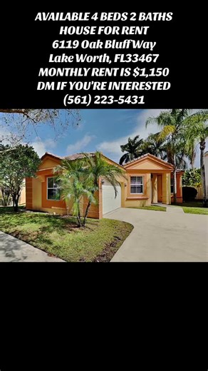 This beautiful single Family house is still avallable for rent and immediate move in at the moment ASAP. 4 beds 2 baths house. House address: 6119 Oak Bluff Way Lake Worth, FL 33467 Monthly rent is $1,150 Refundable security deposit is $900 Refundable application fee cost $85 per adult. Utilities are included in the monthly rent except for cable & trash which is $49.99 cent per month. Contact or Text Landlord (561)223-5431 for more inquiries if you're interested. #housetour #houseforrent #lakewo