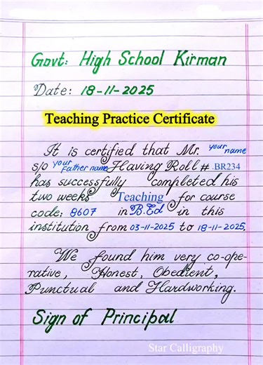 Teaching Practice Certificate for Bachelor of education program | Teaching Practice Certificate for B.Ed exam #handwriting #viral #starcalligraphy #treanding #gk