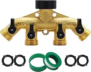 Splittars​ 4 Way Garden Hose Splitter 100% Solid Brass Outdoor Faucet Spigot Splitter, Water Hose Splitter, Hose Manifold, 4 outlets, independent on/off valves, 4 rubber washers, 3/4” Hose Connector