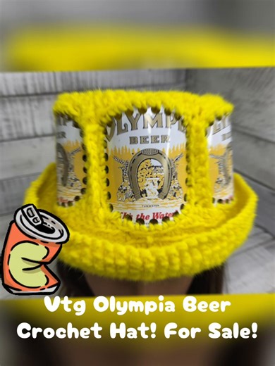 $27 Buy It Now @swagantiqueslv EBay Store! Vintage Olympia Beer Can Hat Yellow Crochet Folk Art Cap “It’s the Water” Great Breweriana Piece! AS-IS! #swagantiqueslv #olympia #olympiabeer #breweriana #vintagebreweriana