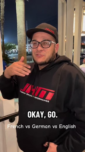 SEMA 2023 Memories – Language Edition 🇫🇷🇩🇪🇺🇸 Waiting for our Uber after dinner when David (our lead machinist, German) and Jonathan (our service manager, French) got into a friendly language duel. Same phrase, totally different energy: “I want to make you eggs and bacon.” 🥓🍳 Which one sounds more aggressive to you? 😎 #FrenchVsGermanVsEnglish #SEMA2023 #SEMAShow #SEMA2025 #JHMotorsports | JHMotorsports Inc.