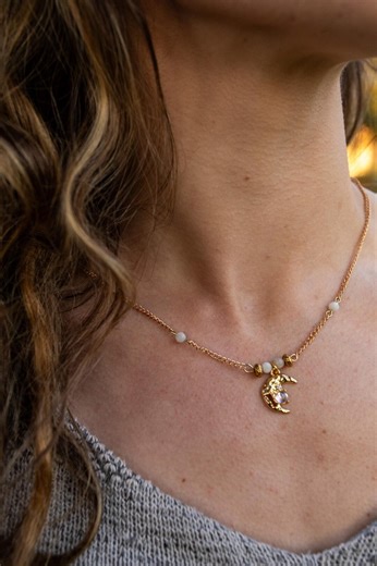 Moon Charm Necklace, Gold or Silver Crescent Moon Pendant, Celestial Jewelry, Moonstone Beaded Necklace, Gift for Her - Etsy