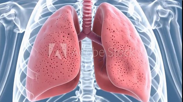 A 3D animation shows human lungs and their internal cellular structure. Blue particles illustrate cellular activity or gas exchange within the cells.