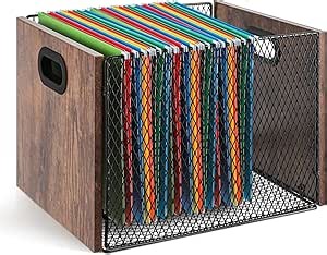 Hanging File Organizer File Box Hanging Folder Storage Boxes Rustic Brown Wood Cabinet with Handle for Home Office Desk, Letter Size