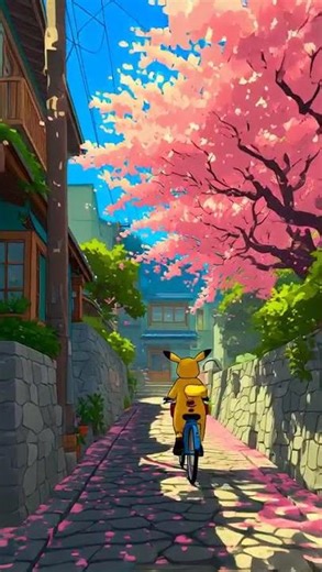 "Riding through pink petals, in a Pikachu onesie." 🌸🚲✨