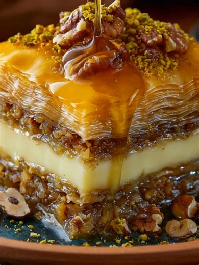 424K views · 1.1K reactions | Layered Custard Baklava with Nuts and Honey Syrup Ingredients: 2 cups phyllo dough (thawed) 1 cup unsalted butter (melted) 1 cup walnuts (chopped) 1 cup pistachios (chopped) 1 teaspoon ground cinnamon ...... Full Recipe in Coʍmеոτ  | Food Lovers | Facebook