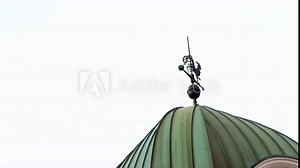 Wrought iron vintage retro weather vane instrument made to resemble arrow with proud rooster on top showing wind direction mounted on top of old barn metal roof on clear sky background