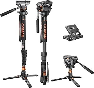 Monopod for Camera, COMAN Camera Monopod with Feet Q6 Fluid Head with Tripod Stand 71.25 inch Max Load 22 Lbs for Photography, Cameras, Canon, Nikon, Sony, DSLR, Video Camcorder
