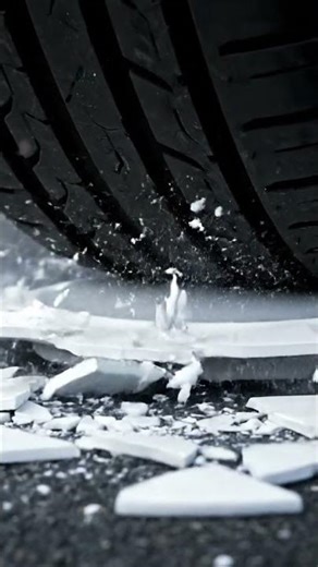 Car tire crushing a ceramic plate on asphalt, shattering into sharp pieces #satisfying #relaxing