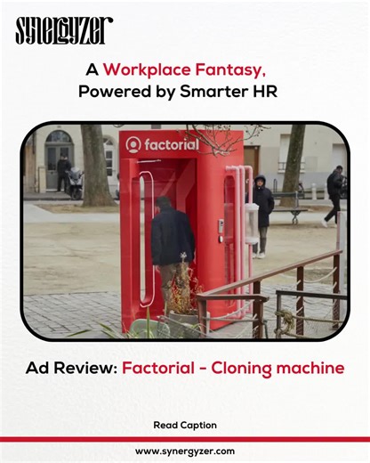 Synergyzer on Instagram: "Created by Creapills for Factorial and featured on Ads of the World, Cloning Machine taps into a relatable workplace fantasy: having more than one version of yourself. Using cloning as a sharp visual metaphor, the ad cleverly comments on productivity, efficiency, and scaling. It’s simple, slightly unsettling, and instantly attention-grabbing… the kind of idea that makes you pause and want to explore more. A smart, concept-led piece that reflects Factorial’s modern, inno